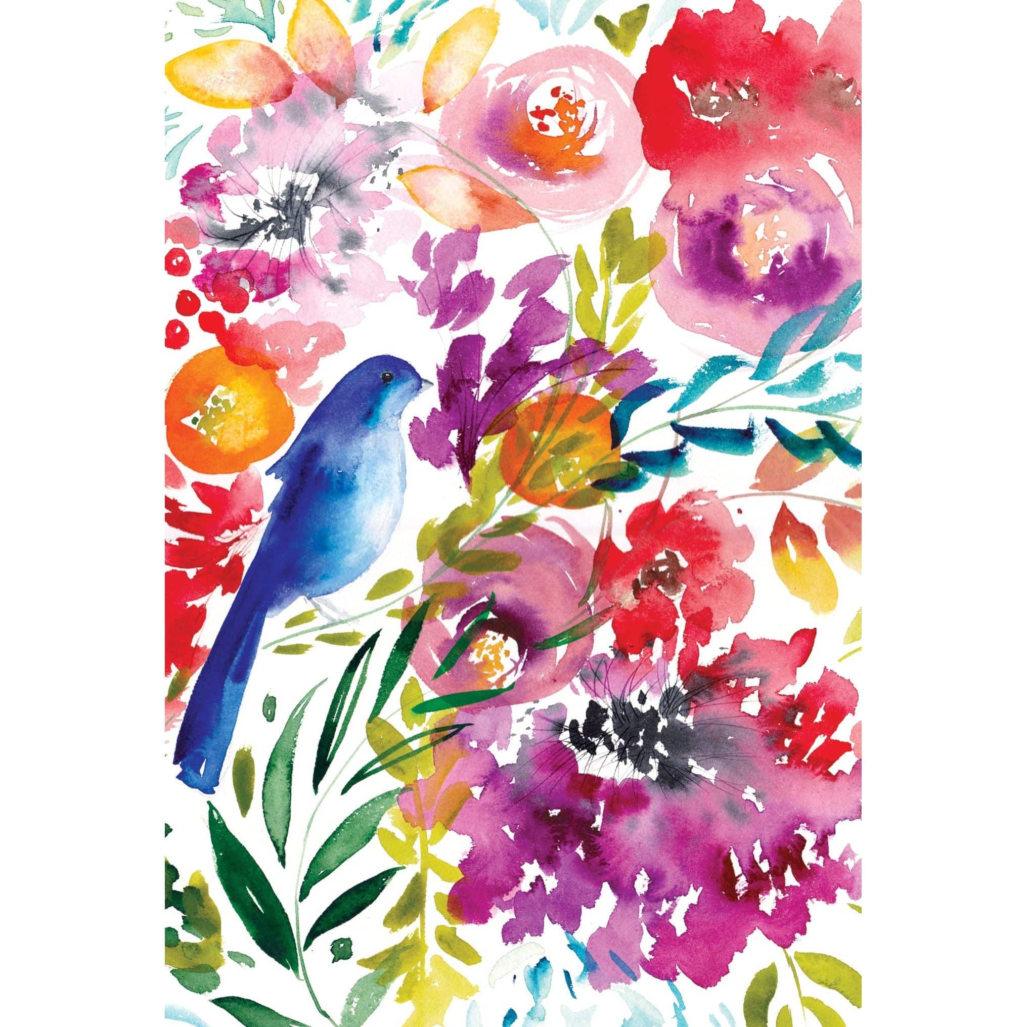 Bluebird among blooms birthday card by Pictura featuring a colorful illustration of a bluebird amid vibrant flowers.
